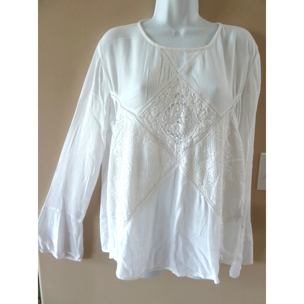 Bass White Gauzy Flare Sleeve Crocheted Lace Summer Boho Romantic Blouse Med